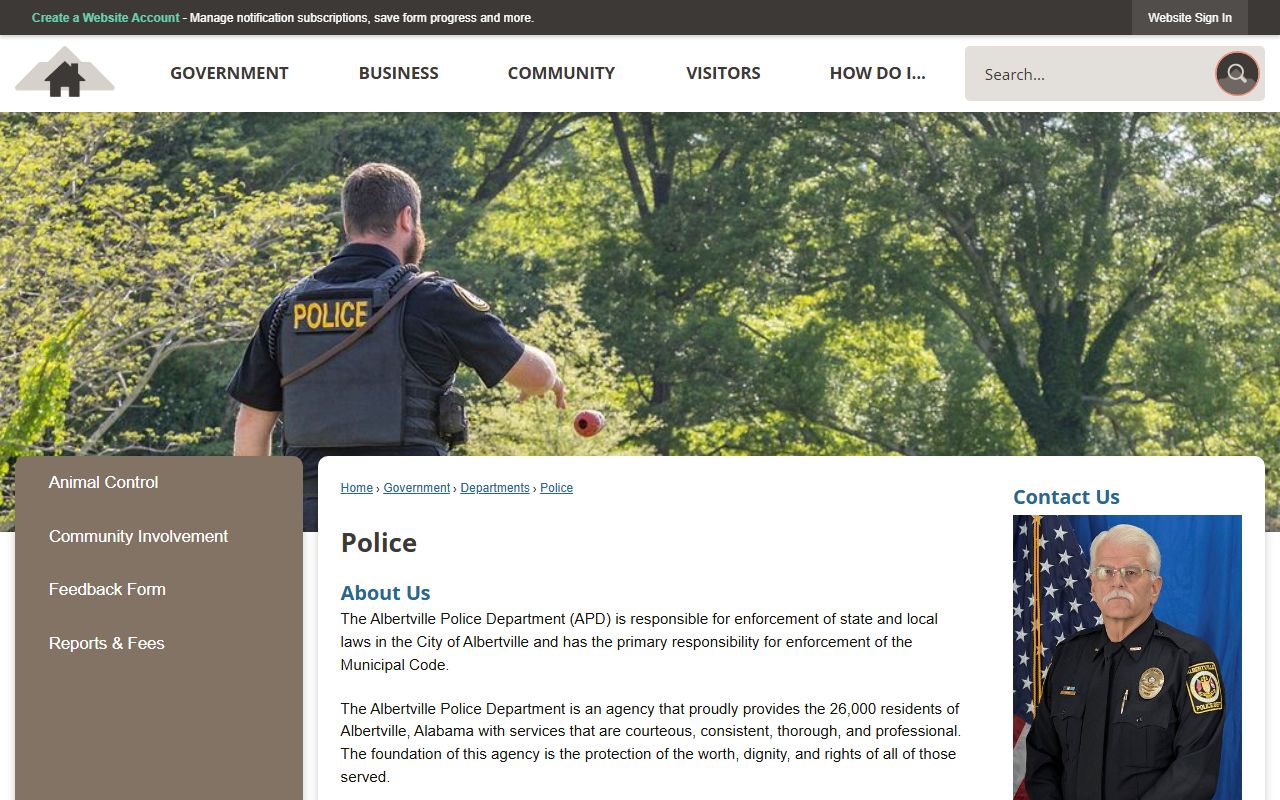 Albertville Police page with city jail visitation information
