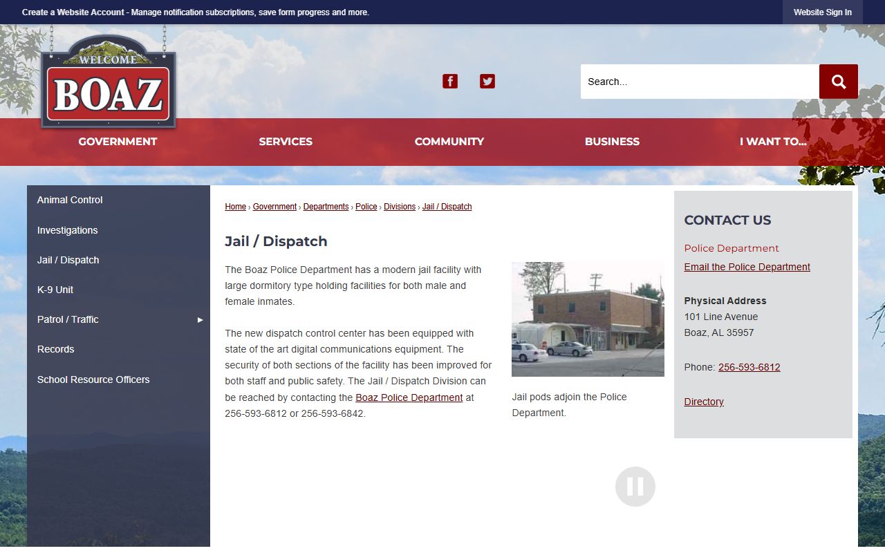 Boaz Jail and Dispatch page showing municipal holding facility information