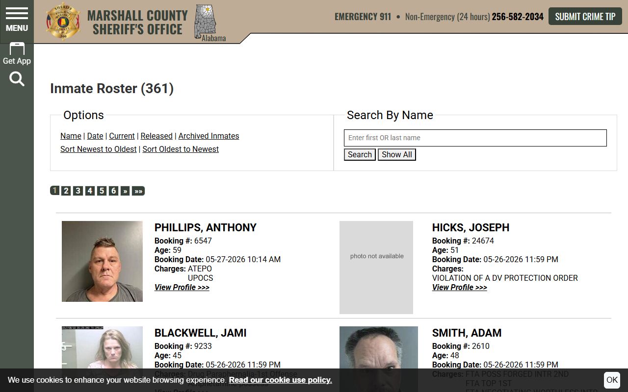 Marshall County current inmate roster search with booking cards