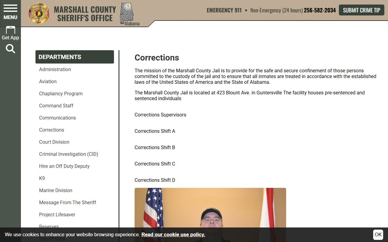 Marshall County Sheriff's Office corrections page with jail rules