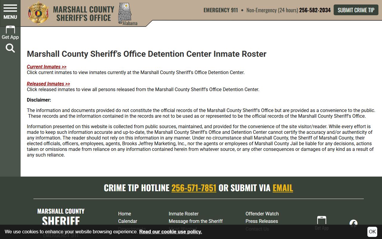 Marshall County jail mugshots roster disclaimer and custody gateway